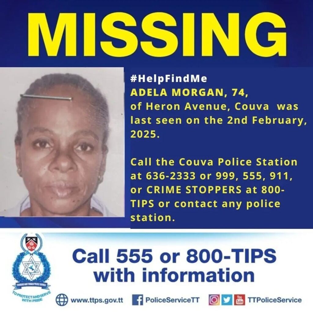 MISSING: Adela Morgan, 74. - Photo courtesy TTPS